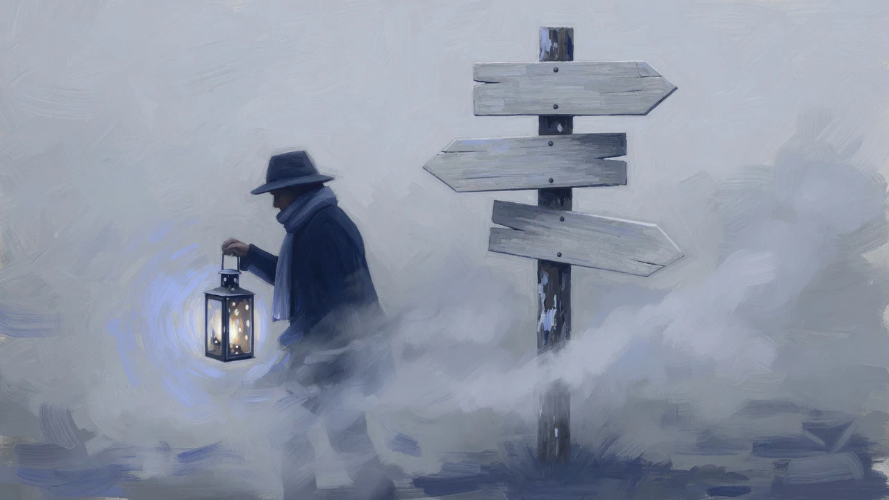 AI-generated illustration: A figure in a hat and scarf carrying a lantern through thick fog past a wooden signpost with 3 blank boards.