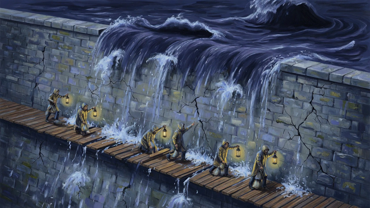 AI-generated illustration: A line of workers in raincoats with lanterns and sandbags hurrying along a wooden walkway beside a cracked stone wall at night, a dark flood pouring over and through it.