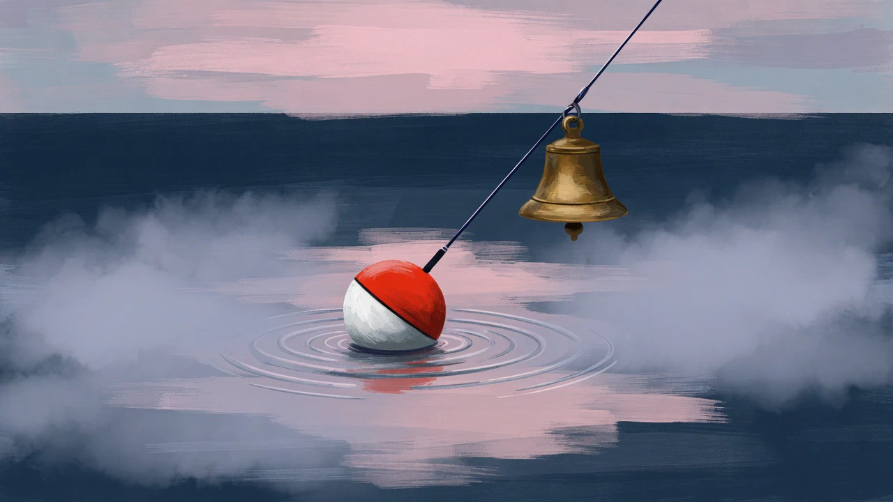 AI-generated illustration: A red and white float bobbing in misty still water at dawn, a brass bell hanging on a taut line above it.