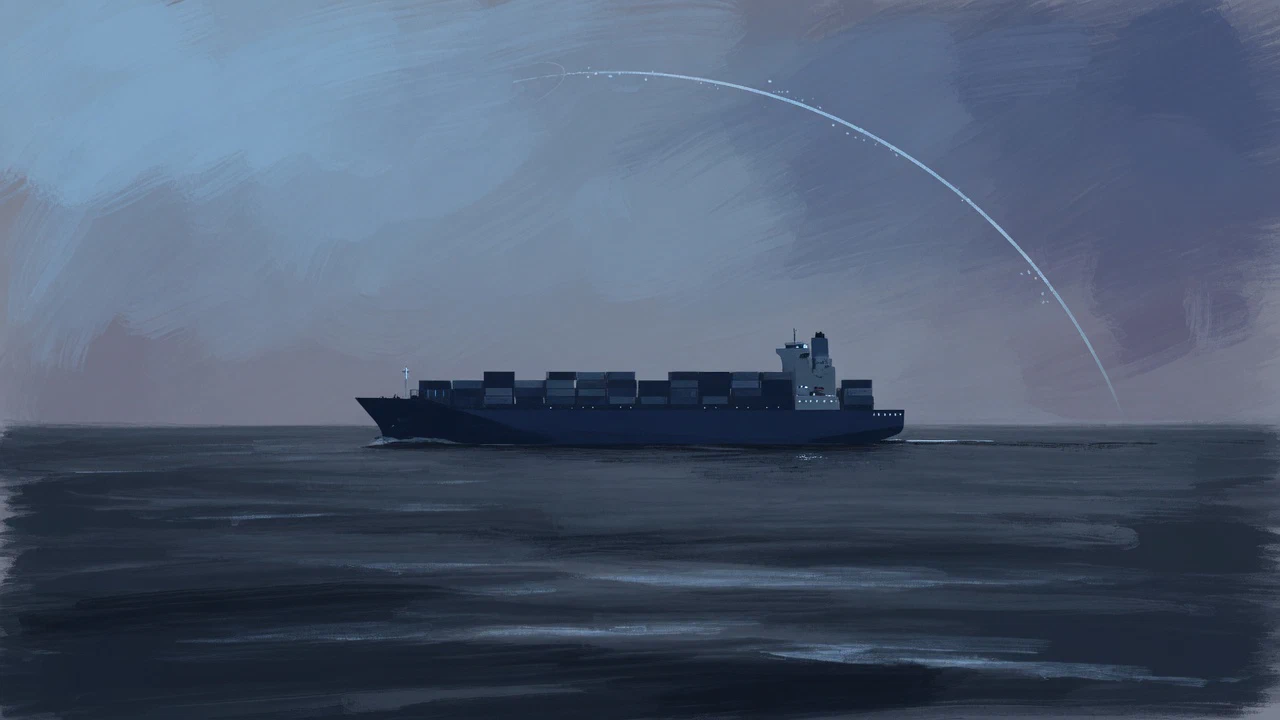 AI-generated illustration: A large container ship crossing a dark sea under a dusky sky, a thin pale arc curving overhead.