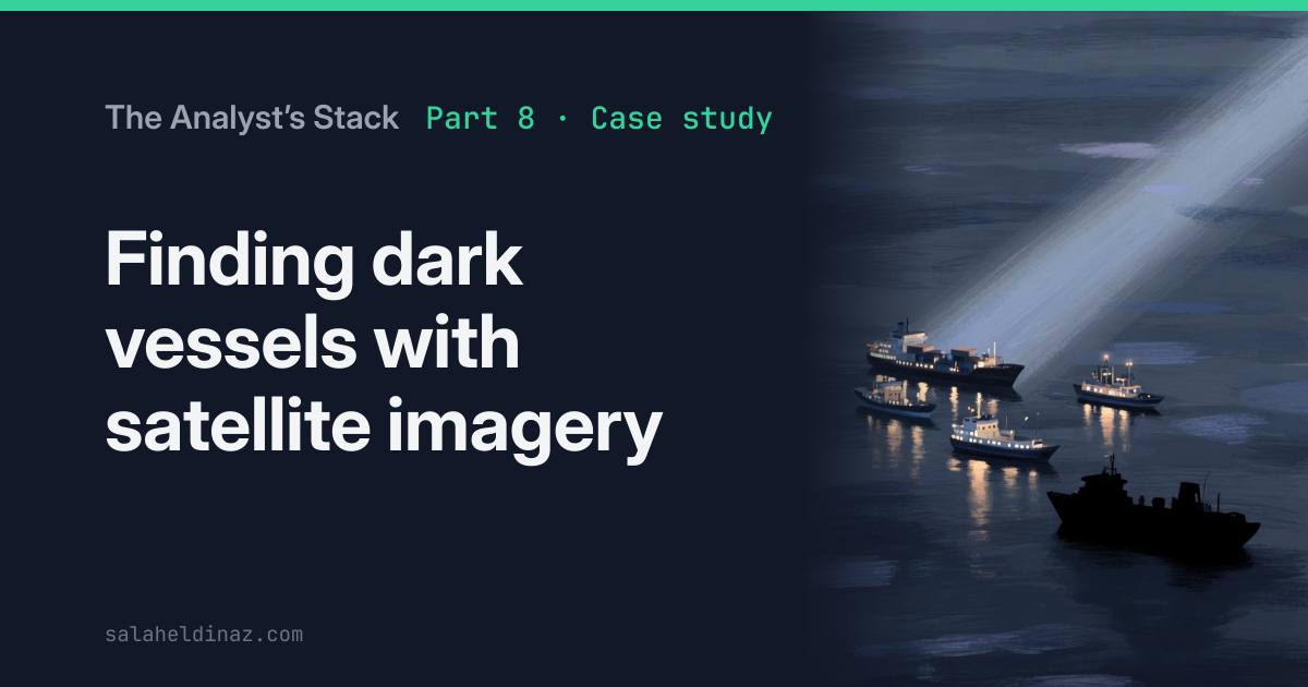 AI-generated illustration: The open sea at night seen from high above, a few small ships glowing with deck lights and one ship-shaped shadow with no lights at all, a faint pale beam sweeping across the water.