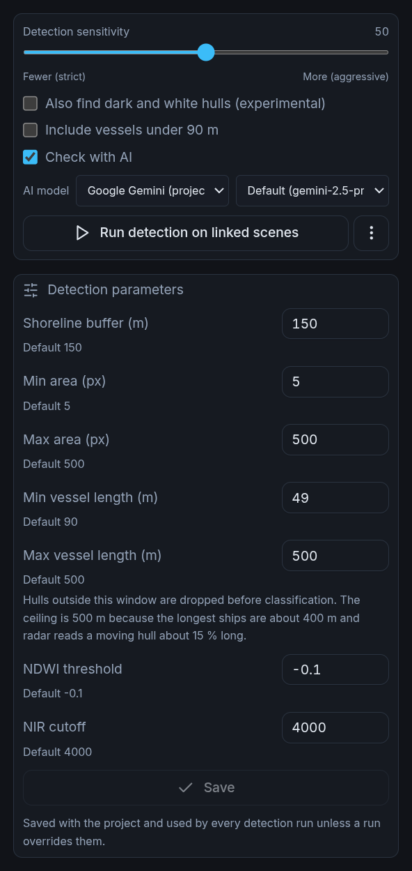 Detection settings, magnified: a sensitivity slider at 50 between Fewer (strict) and More (aggressive), unticked boxes for Also find dark and white hulls (experimental) and Include vessels under 90 m, a ticked Check with AI box with its model pickers, and a Run detection on linked scenes button. Then Detection parameters: shoreline buffer 150 m, min area 5 px, max area 500 px, min vessel length 49 m against a default of 90, max vessel length 500 m with a note that the ceiling is 500 m because the longest ships are about 400 m and radar reads a moving hull about 15% long, NDWI threshold -0.1 and NIR cutoff 4000, each with its default beneath it, and a greyed-out Save button.