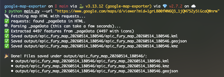 Screenshot placeholder — CLI running, showing parsed placemarks and output file paths