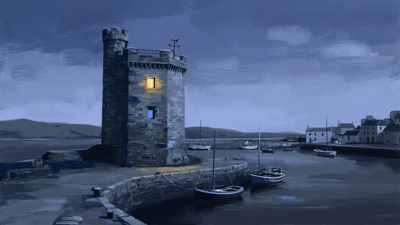 AI-generated illustration: A stone watchtower on a harbour wall at dusk, one window lit, small boats moored nearby and houses along the far quay.