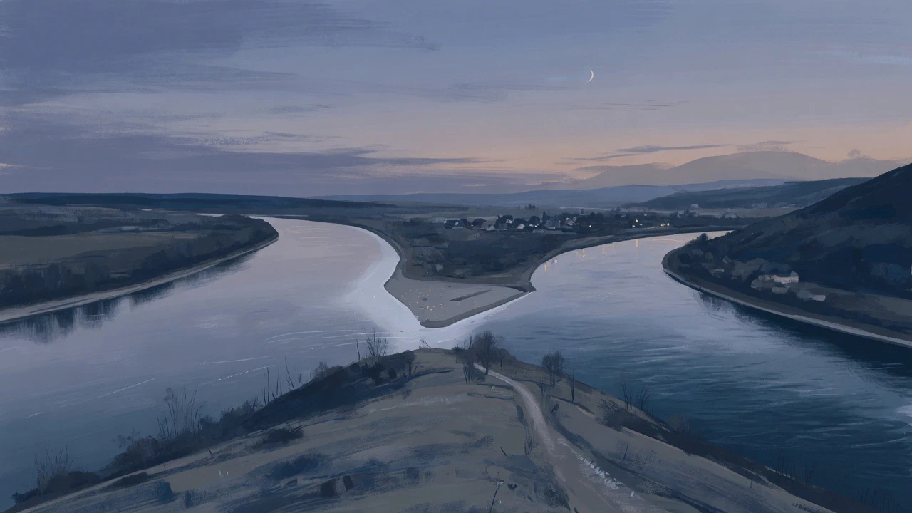 AI-generated illustration: Two river channels meeting around a sandbar below a hilltop at dusk, a thin crescent moon in the sky.