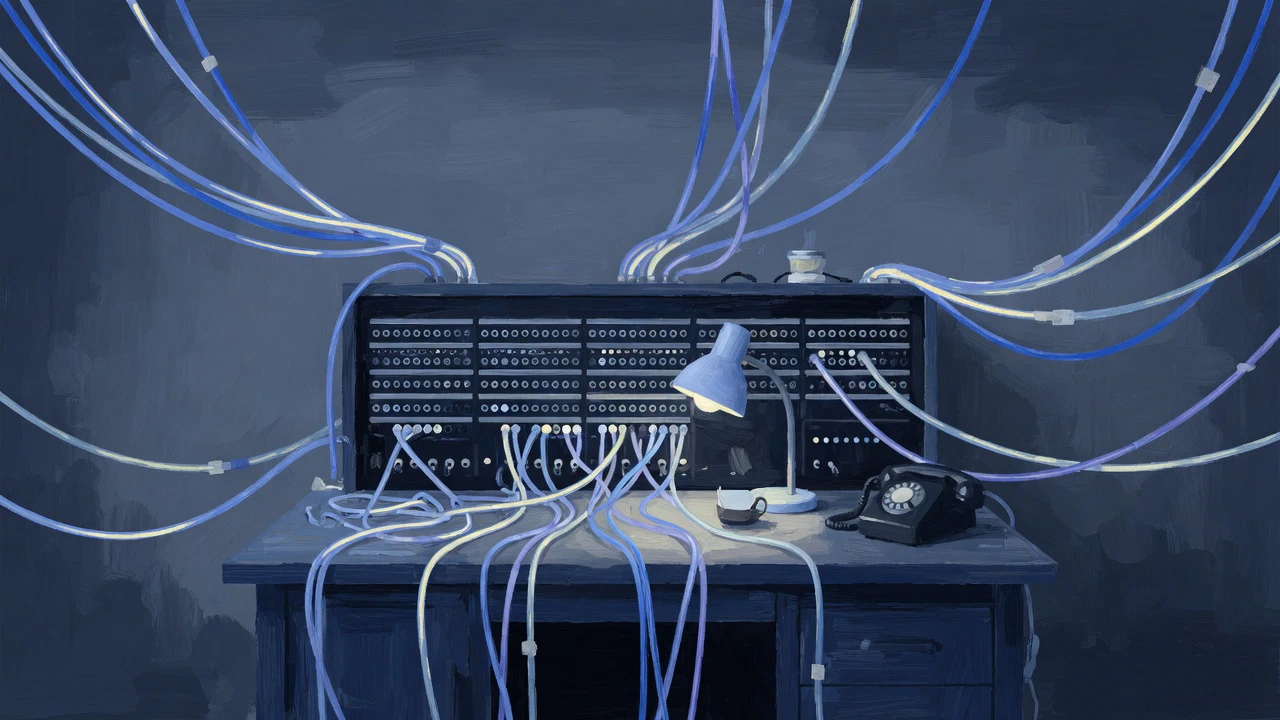 AI-generated illustration: Dozens of pale cables running down into an old switchboard on a desk, lit by a desk lamp beside a rotary telephone.