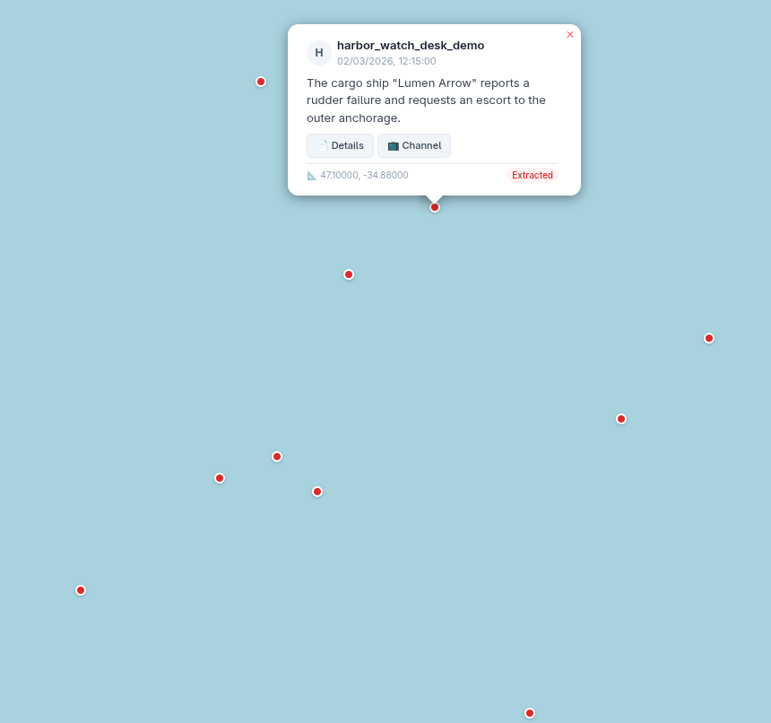 A map of open sea with 11 red points, one per message that carried a location. One point’s popup is open, showing an invented channel, a date, the message “The cargo ship Lumen Arrow reports a rudder failure and requests an escort to the outer anchorage.” and its coordinates.