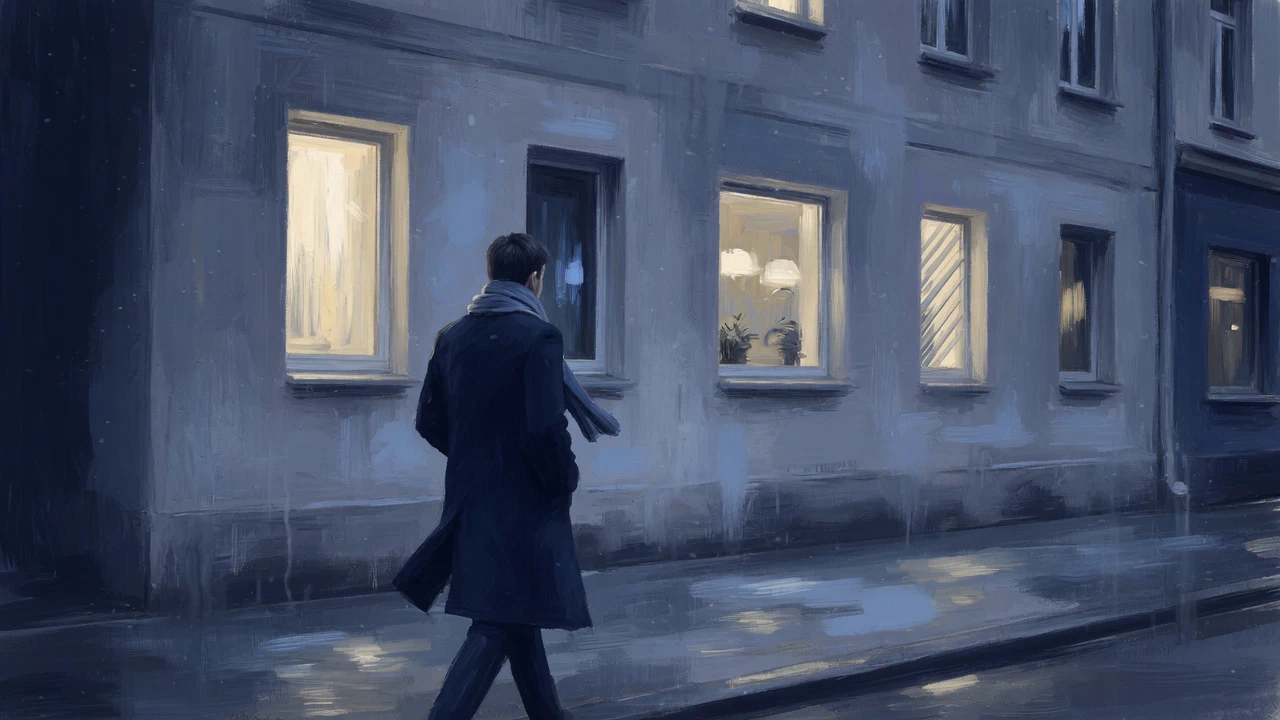 AI-generated illustration: A figure in a long dark coat and scarf walking along a wet street past a row of windows, some lit and some dark.