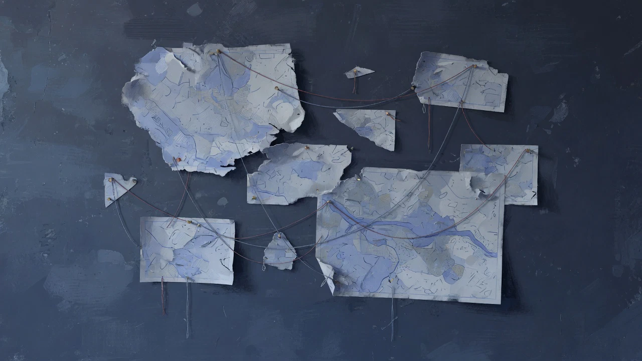 AI-generated illustration: Torn fragments of paper maps pinned to a dark wall and joined by thin threads, with no readable labels.