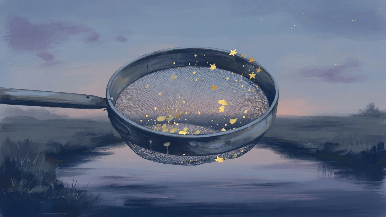 AI-generated illustration: A sieve held over a calm river at twilight, gold flecks and small stars caught in its mesh.