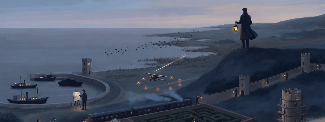 AI-generated illustration: a lone figure with a lantern on a ridge at dusk, looking down over a coastal valley of small scenes from the series.